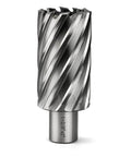 Front view: Annular cutter with Weldon shank, 3/4 in cutting diameter, spiral flutes for magnetic drill press.