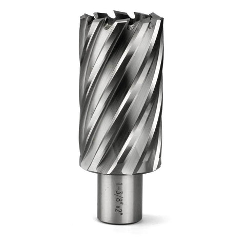 Front view: Annular cutter with Weldon shank, 3/4 in cutting diameter, spiral flutes for magnetic drill press.