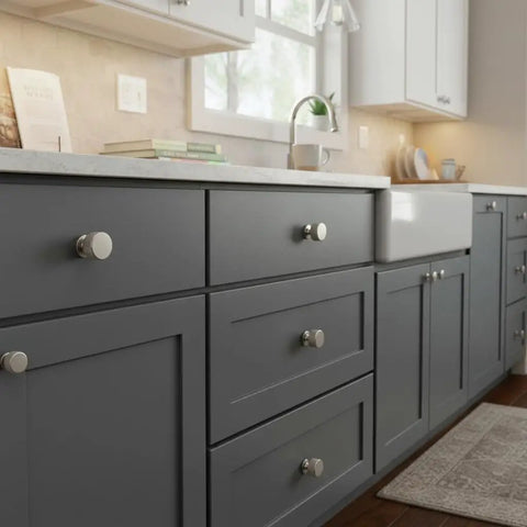 Top Shelf Slick Brushed Satin Nickel Cabinet Knobs With A Hardcore Knurled Shape And Seriously Heavy Duty Build on gray kitchen drawers.