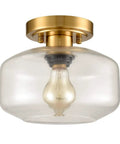 Modern Small Semi Flush Mount Ceiling Light With Glass Drum Shade Brass Gold Finish 1 Light Hallway Fixture ETL Listed For Dry Locations Easy Hardwired Installation close-up showing bulb and brass fixture.