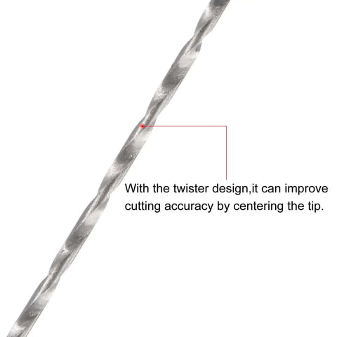 Close-up of 5 Piece 0.6mm Mini Micro Twist Drill Bits Set In High Speed Steel Extra Long 80mm Shank showing twist design for precision cutting.