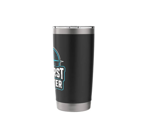 Crew First Land Later Sailboat Stainless Steel Insulated Tumbler for Coastal Sailing and Regatta Days, black design.