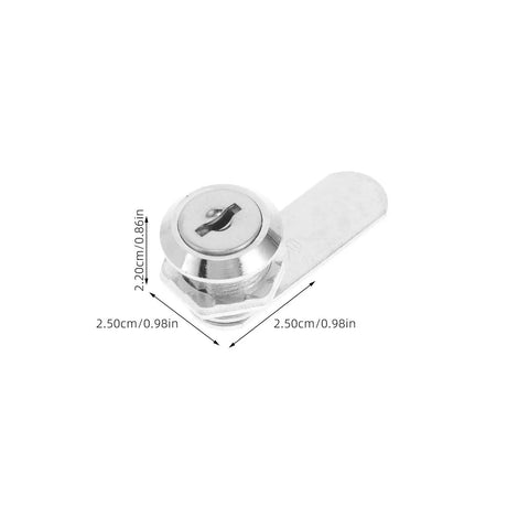 Heavy Duty Cam Lock For Cabinets And Toolboxes With Keys, shown at a 45-degree angle, rustproof iron and plastic construction, dimensions labeled