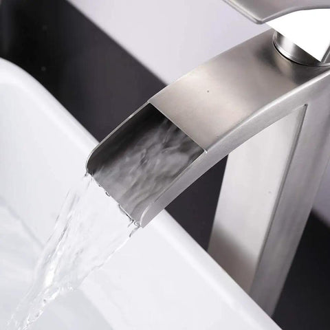 Modern Vessel Sink Faucet In Brushed Nickel Tall Waterfall Style Bathroom Mixer Single Handle With Pop Up Drain And Three Eighths Inch Hoses