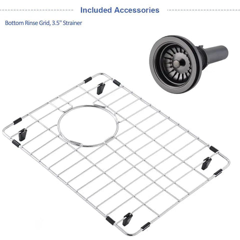 Bottom grid and drain assembly for Undermount Bar Sink 12x16 Inch Deep Black 16 Gauge Stainless Steel Single Bowl for Wet Bar or RV.