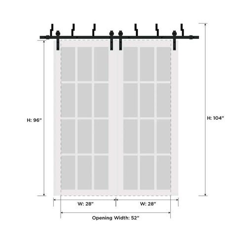 Illustration of Bypass Sliding Barn Closet Doors 56x96 Inches Painted White with rail dimensions and installation measurements