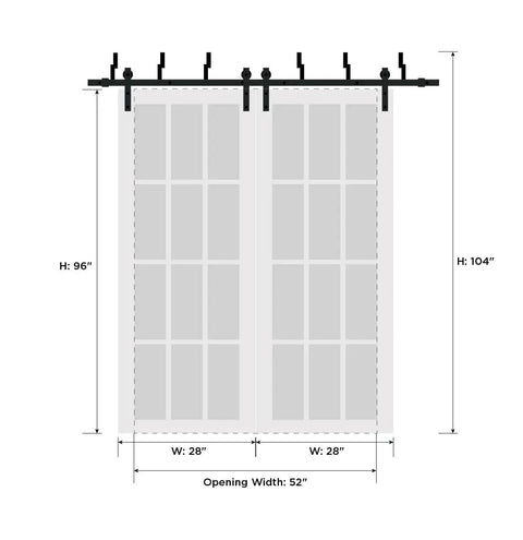 Diagram of Frosted Glass Sliding Barn Closet Doors With Hardware Kit, 28In each panel, total 56In by 96In, on 6.6Ft rails.