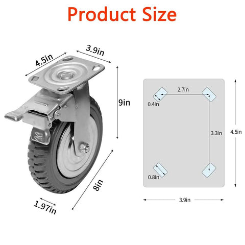 Product dimensions of 8 Inch Heavy Duty Rubber Caster Wheels Set Of 4 Anti Slip Swivel Casters With 360 Degree Ball Bearing Top Plate 2 With Locking Brakes For Smooth Quiet Movement Of Furniture And Displays