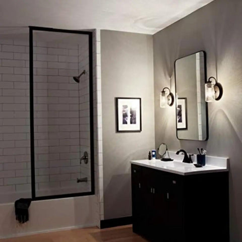 Bathroom with Braelyn 9.5 Inch Olde Bronze One Light Wall Sconce With Clear Seeded Glass Dope Industrial Vanity Lighting above mirror
