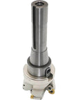 Front view of EMRW 6R face mill cutter holder with silver shank and white base with yellow carbide inserts