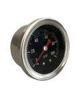 Front view of universal inline fuel pressure gauge, 0-100 psi, metal housing with black dial and red needle