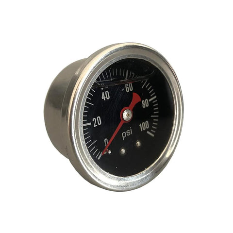 Front view of universal inline fuel pressure gauge, 0-100 psi, metal housing with black dial and red needle
