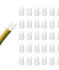 30 white ceramic wire connector caps arranged in a grid; small insulated porcelain butt connectors.
