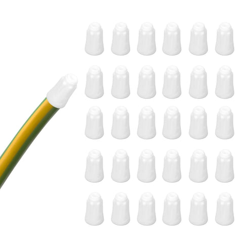 30 white ceramic wire connector caps arranged in a grid; small insulated porcelain butt connectors.
