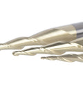 Three SpeTool carbide ball-nose router bits with spiral flutes, close-up view