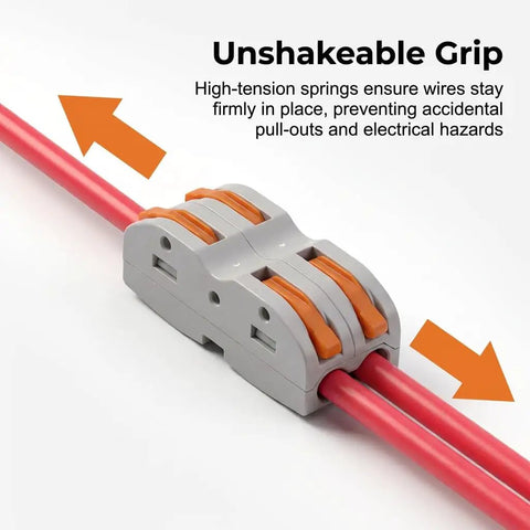 Double Wire Push In Terminal Connectors Kit No Fuss Fire Resistant Lever Lock Wire Connectors with red wires inserted