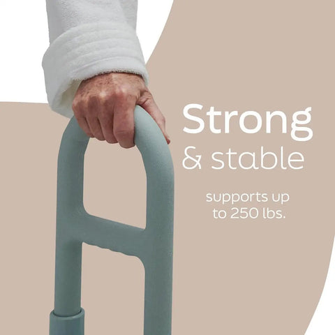 Heavy Duty Clamp On Bathtub Grab Bar Featuring Snap Fit Solid Steel Mounting Design Built To Lock Onto Standard Tub Edges Measuring 2.75 To 6.25 Inches For Reliable Everyday Bathroom Safety, showing a stable handle with a hand gripping.