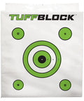 Foam Archery Target Block 24x24x12 for Youth and Beginner Bows Under 40 Lbs. White block with green and black bullseye circles.