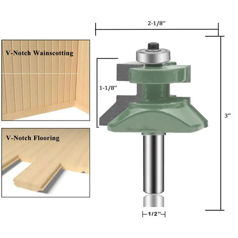 Two Pack 1/2 Inch Shank Tongue And Groove Router Bit Set for flooring and cabinet doors with V-notch wainscotting, carbide.