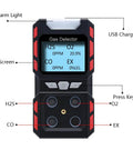 4 Gas Detector For H2S O2 CO And EX Portable Visual Gas Monitor With LCD Display showing readings and labeled components