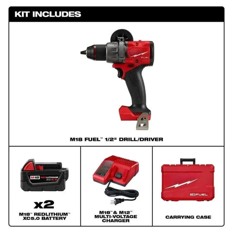 Game Changing Brushless Cordless Drill Driver Combo Set With Dual 5Ah Batteries Multi Voltage Charger And Snug Construction, showing drill, batteries, charger, and carrying case.