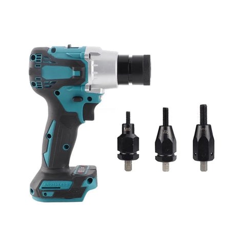 High Power Brushless Electric Rivet Nut Gun Kit With Automatic Riveter Heads showing three interchangeable heads