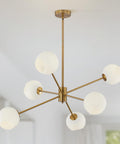 Six Light Modern Sputnik Chandelier Set With Milk Glass Globes For Kitchen Island Pendant Lighting In Gold White Brushed Brass Finish