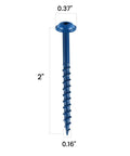 2-inch rust-resistant blue pocket hole screw with washer head, coarse thread. Pocket Hole Screws 2 Inch Set Of 300 With Extra 100mm Drive Bit Magnetized Bit For Easy Use Rust Resistant Blue Coated Exterior Wood Screws No 8 Diameter Coarse Thread Washer Head Square Drive Self Tapping Tip visible side view on white background.