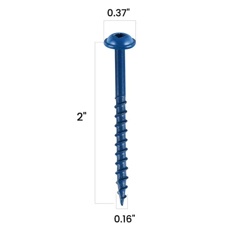 2-inch rust-resistant blue pocket hole screw with washer head, coarse thread. Pocket Hole Screws 2 Inch Set Of 300 With Extra 100mm Drive Bit Magnetized Bit For Easy Use Rust Resistant Blue Coated Exterior Wood Screws No 8 Diameter Coarse Thread Washer Head Square Drive Self Tapping Tip visible side view on white background.
