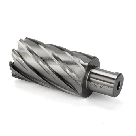 Side view of HSS annular cutter with Weldon shank; 3/4 in shank, 1-5/16 in cutting diameter for magnetic drill press