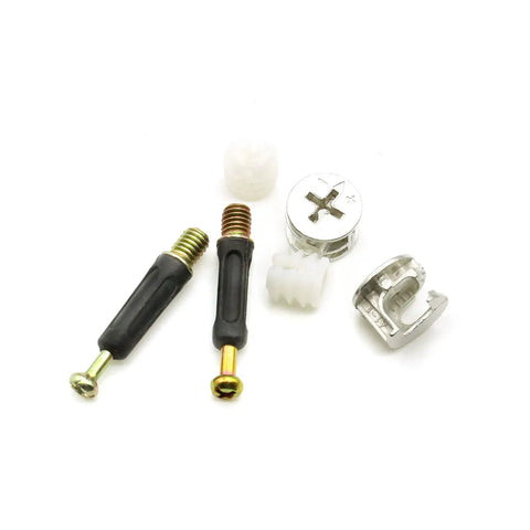 Top Shelf 3 In 1 Furniture Connector Kit With Dowels And Cam Screws Rock Solid Zinc Alloy Hardware, assorted screws and connectors.