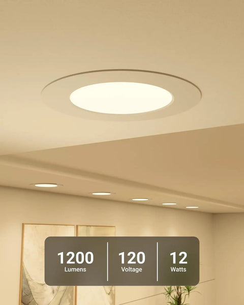 Six Inch Flat Retrofit LED Recessed Can Lights Dimmable 1200 Lumens 15W with Selectable CCT 2700K to 6000K ultra-thin downlights installed