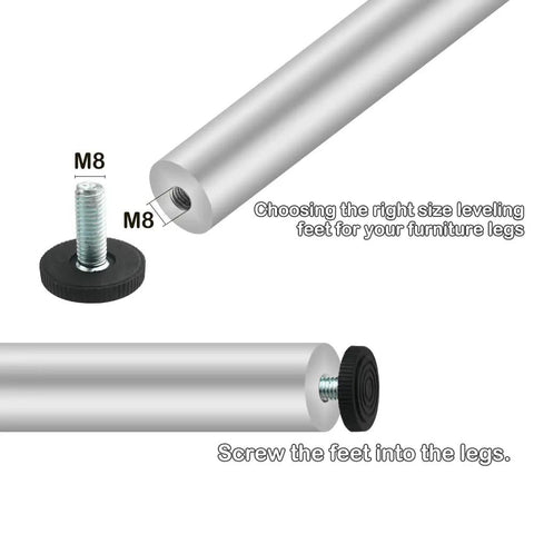 Diagram showing installation of 24 Pack M8 1.25mm Furniture Leveling Feet Screw On Adjustable Levelers for furniture stability.