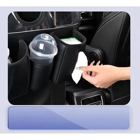 Tesla Cybertruck Rear Seat Back Organizer With Roomy Multi Pouches Heavy Duty Pu Leather Auto Storage Keeper with cup and tissue holder.