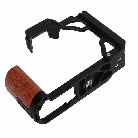 Wood Handle Aluminum Camera Cage Rig With 1/4 Inch And 3/8 Inch Screw Holes, Cold Shoe Mount, Vertical Video Mounts, Lightweight Yet Sturdy Aluminum Alloy Build For On The Go Shoots