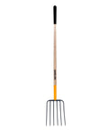 Six Tines Steel Manure Fork With Hardwood Handle 48 Inch Long Cushioned Grip shown upright against white background