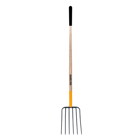 Six Tines Steel Manure Fork With Hardwood Handle 48 Inch Long Cushioned Grip shown upright against white background