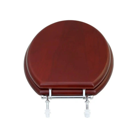Cherry Finish Wooden Toilet Seat With Chrome Hinges And Non Slip Bumper For Round Toilets Durable Hardwood Comfort Top View