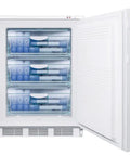 Built Tough Undercounter Freezer, 3.5 Cubic Foot Commercial Storage, -25C Medical Vaccine Safe, open door showing organized storage bins.
