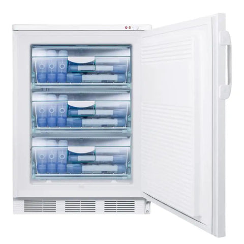 Built Tough Undercounter Freezer, 3.5 Cubic Foot Commercial Storage, -25C Medical Vaccine Safe, open door showing organized storage bins.