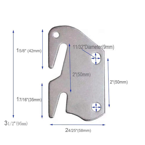 Universal Wood Bed Rail Hook Plates With Four Mounting Pins For Footboard Frames built like a tank dimensions shown.