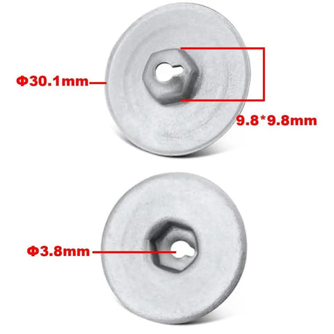 Heat Shield Repair Kit With 30mm Sheet Metal Nut Fasteners, 2 metal fasteners with dimensions 30.1mm and 3.8mm shown