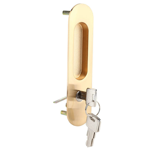 Keyed Sliding Pocket Door Lock With Three Keys For Hidden Recessed Handle Easy Install Perfect For Bathroom Kitchen And Wood Furniture Hardware Durable Zinc Alloy Construction With Rust Resistant Finish in gold finish