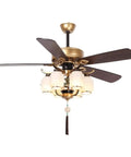 Slick Five Blade Vintage Gold Ceiling Fan With Six Frosted Milk Glass Lights And Rugged Dark Wood Blades For Hella Cozy Farmhouse Vibe Featuring Whisper Quiet Motors And Swanky Lantern Chandelier Setup.