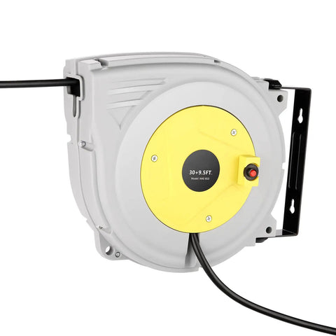 Long Reach Retractable Extension Cord Reel With 30 Foot Cord And 9.5 Foot Leader Ceiling Or Wall Mount 16 Gauge Power Cord