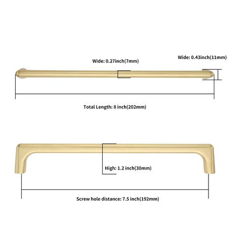 Kick Up Your Style With These Slick 10 Pack 7.5 Inch Brushed Gold Cabinet Pulls For Kitchen Cabinets Drawers And Cupboards showing dimensions.