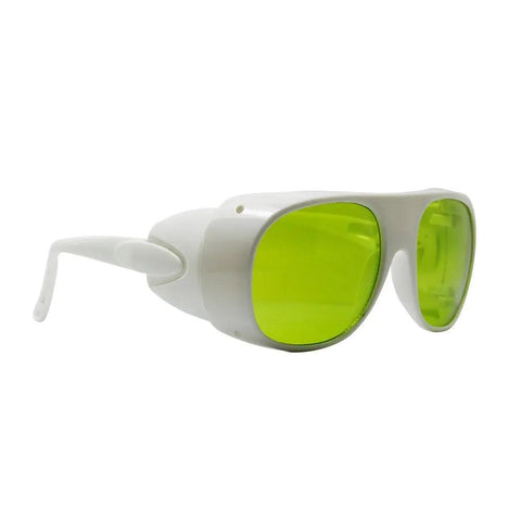 Kick Ass Eye Safety Protection Goggles for 1064NM YAG Laser Cutting and Welding with OD Plus Four Absorbing Filter, green lenses, white frame.