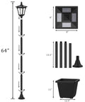 64 Inch Outdoor Solar Lamp Post With Planter 60 Lumen Waterproof Garden Path Driveway Light components with dimensions