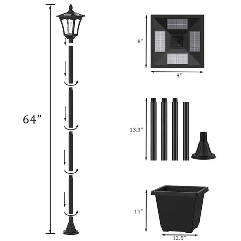 64 Inch Outdoor Solar Lamp Post With Planter 60 Lumen Waterproof Garden Path Driveway Light components with dimensions