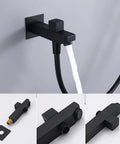 Slick Wall Mounted Digital Display Led Black Shower System Featuring 4 Function Pressurized Waterfall Rain Mode And Handheld Sprayer Hydropower Temp Gauge Tub Spout Heavy Duty Stainless Steel Solid Build Easy Peasy Install showing black wall-mounted spout with water flow.
